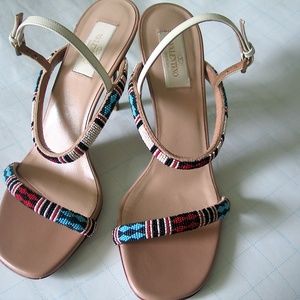 $1675 Valentino Aztec Beaded Strappy Sandal Heel,